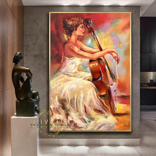Cellist Oil Painting Original Girl Playing Cello Art Woman in White Dress Painting Cello Gifts Musician Artwork Classical Music Art