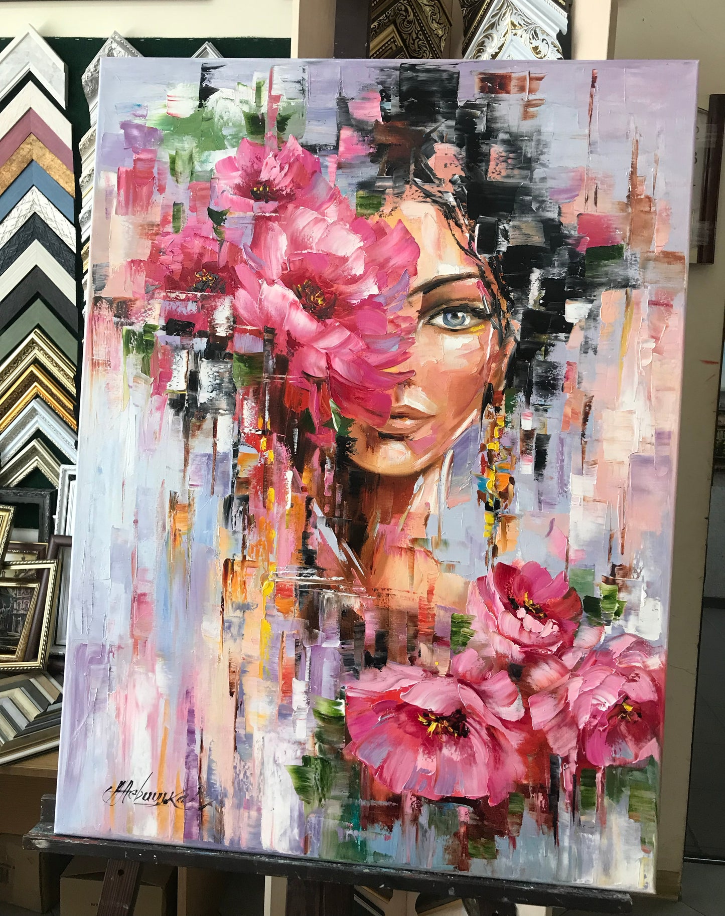Flower Head Girl Painting Original Woman with Flower Head Wall Art Beautiful Girl with Flowers Painting Abstract Female Face Art
