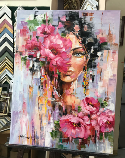 Flower Head Girl Painting Original Woman with Flower Head Wall Art Beautiful Girl with Flowers Painting Abstract Female Face Art