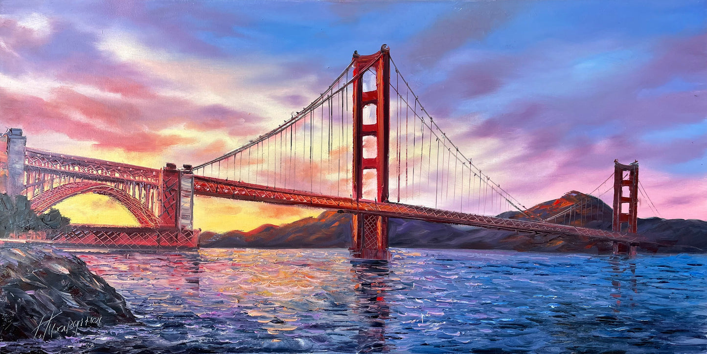 Golden Gate Bridge Oil Painting Original San Francisco Painting on Canvas SF Golden Gate Bridge at Night Wall Art