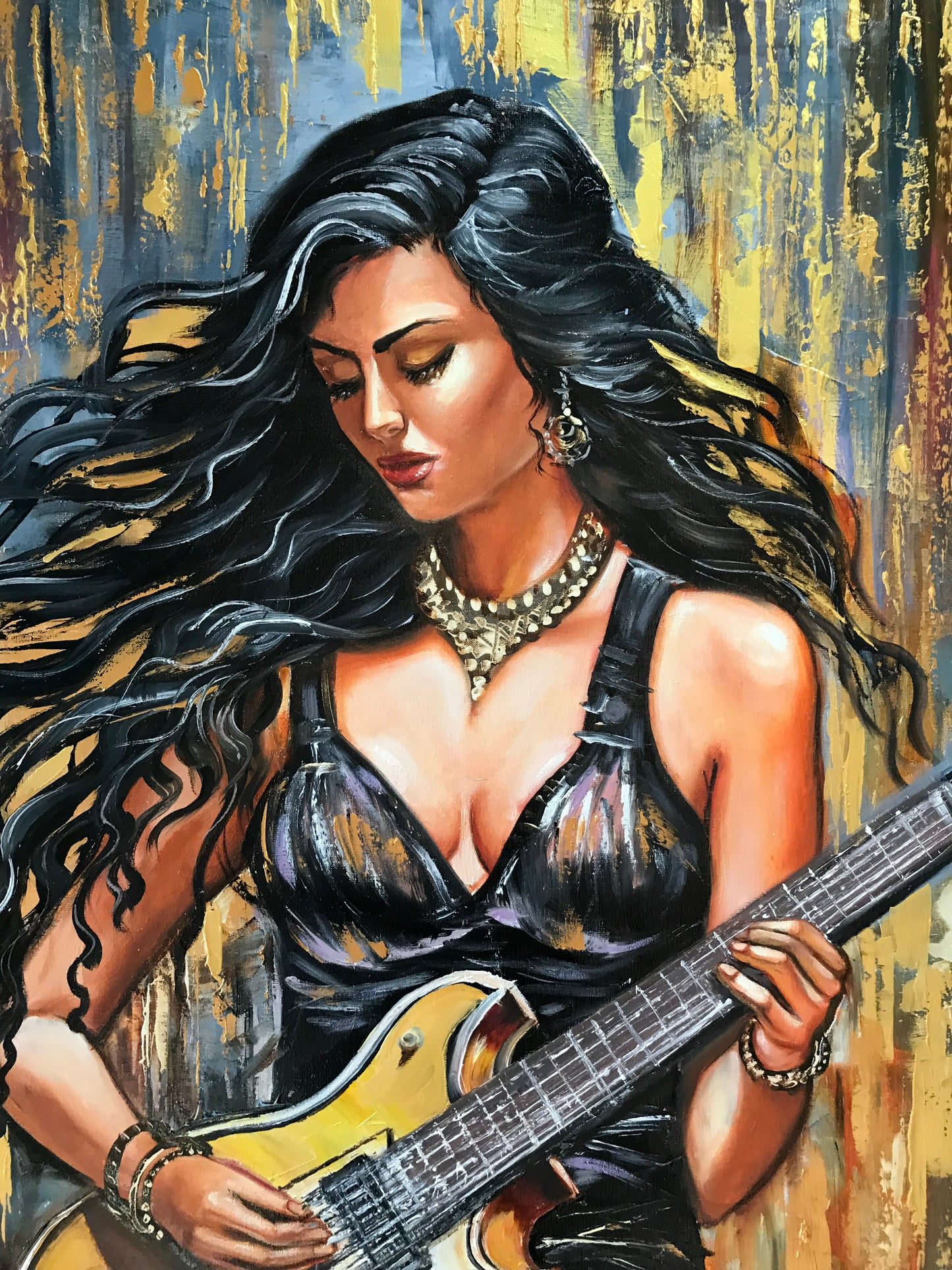 Woman Playing Guitar Painting on Canvas Female Guitarist Art Woman Guitarist Oil Painting Electric Guitar Artwork