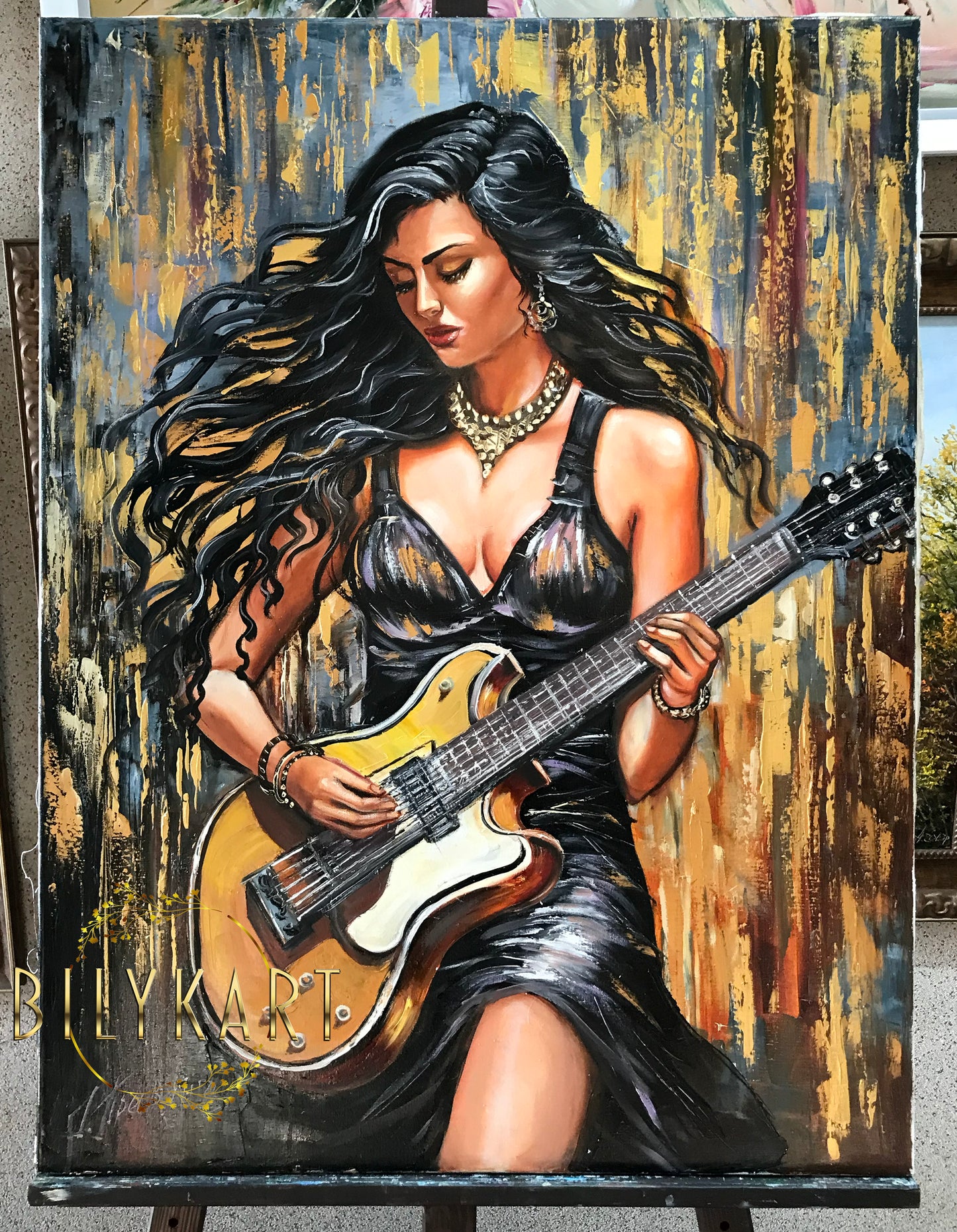 Woman Playing Guitar Painting on Canvas Female Guitarist Art Woman Guitarist Oil Painting Electric Guitar Artwork