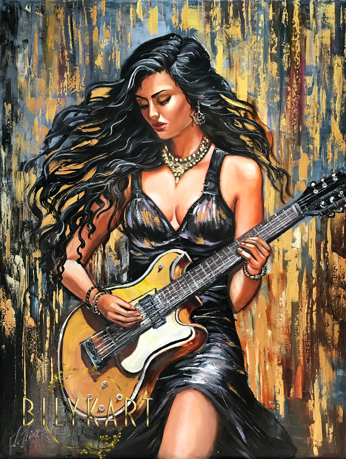 Woman Playing Guitar Painting on Canvas Female Guitarist Art Woman Guitarist Oil Painting Electric Guitar Artwork