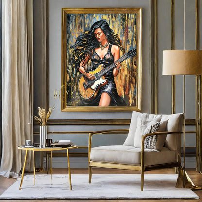 Woman Playing Guitar Painting on Canvas Female Guitarist Art Woman Guitarist Oil Painting Electric Guitar Artwork