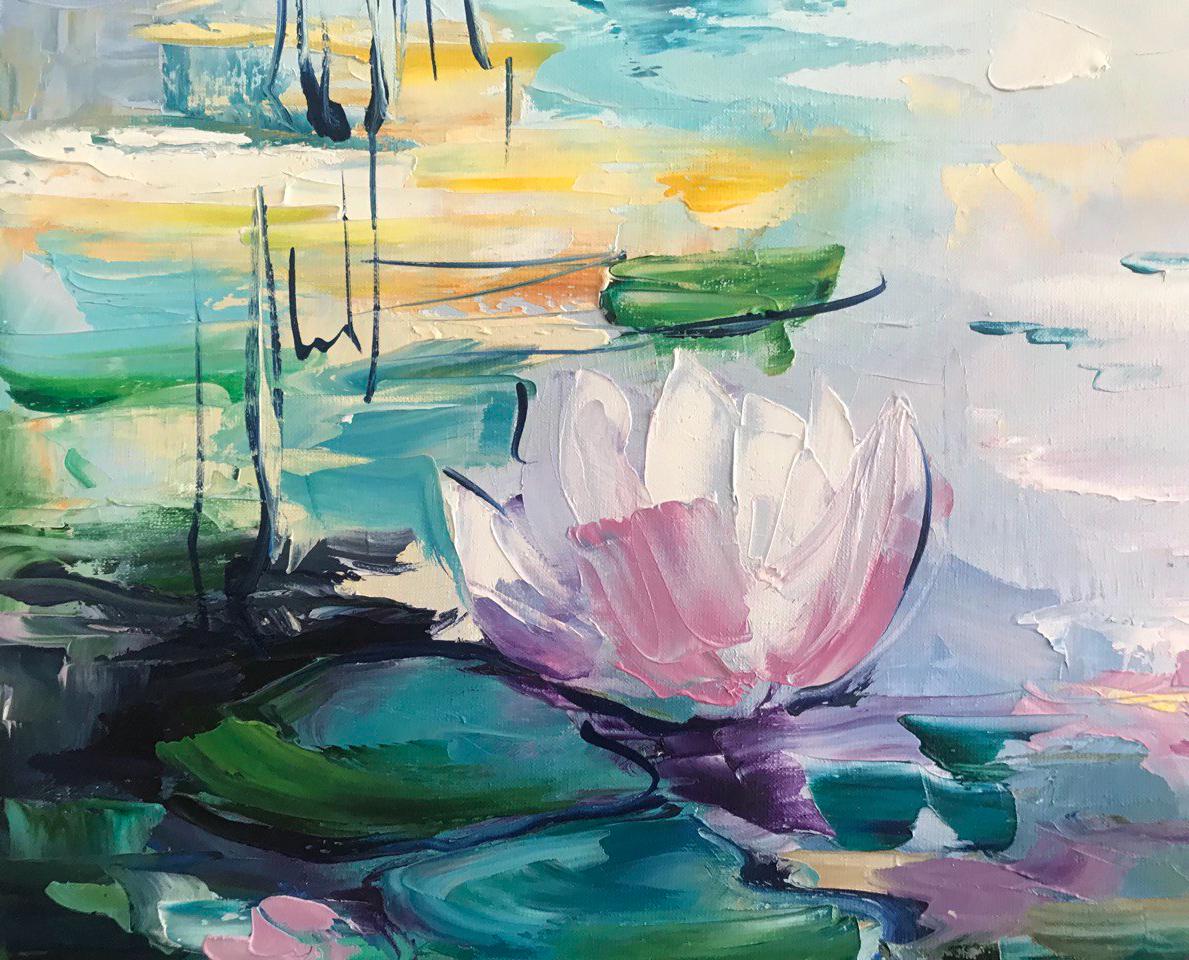 hand painted pink lotus canvas close up detail