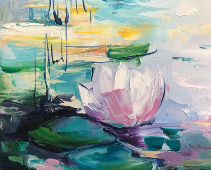 hand painted pink lotus canvas close up detail