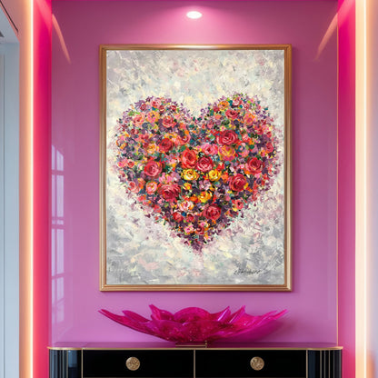 Flower Heart Painting Original Floral Heart Art Romantic Painting Red Flowers Canvas Wall Art Abstract Heart Oil Painting
