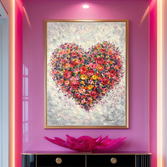 Flower Heart Painting Original Floral Heart Art Romantic Painting Red Flowers Canvas Wall Art Abstract Heart Oil Painting