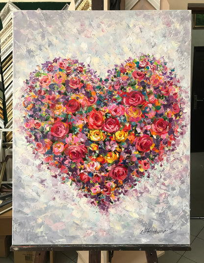 Flower Heart Painting Original Floral Heart Art Romantic Painting Red Flowers Canvas Wall Art Abstract Heart Oil Painting