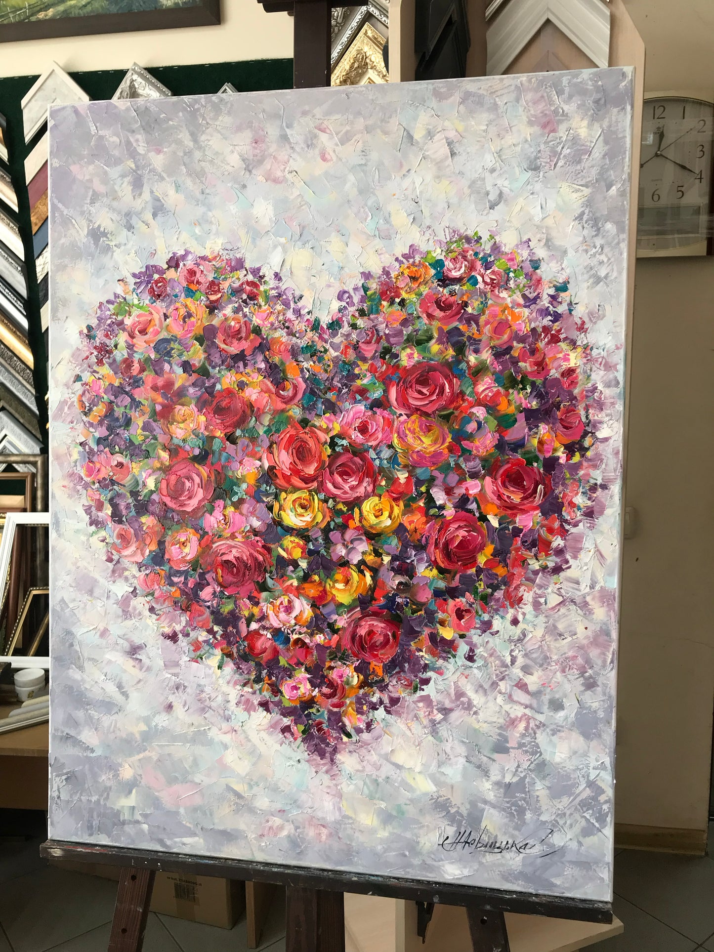 Flower Heart Painting Original Floral Heart Art Romantic Painting Red Flowers Canvas Wall Art Abstract Heart Oil Painting