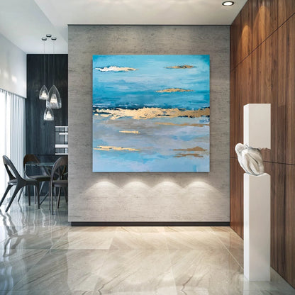 Abstract Sunset Painting on Painting Blue Gold Leaf Wall Art Turquoise Painting for Living Room