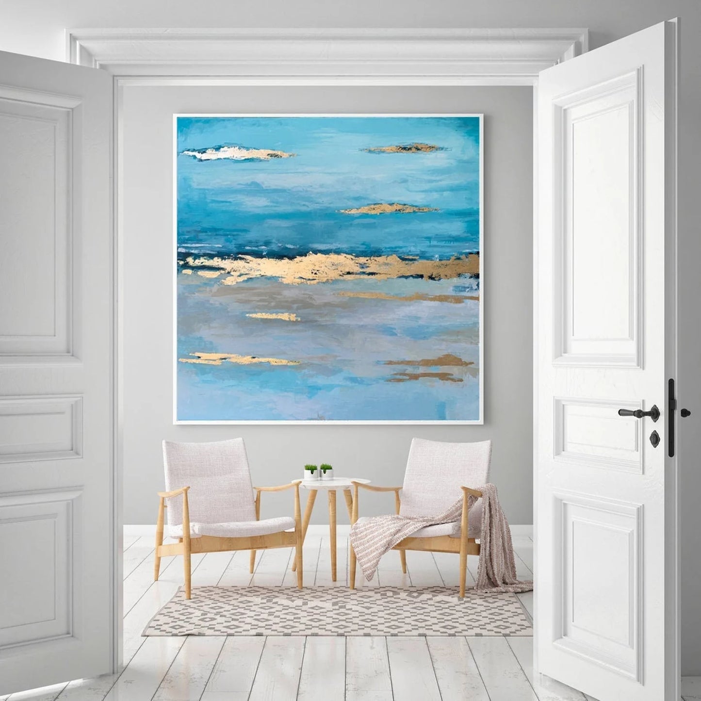 Abstract Sunset Painting on Painting Blue Gold Leaf Wall Art Turquoise Painting for Living Room