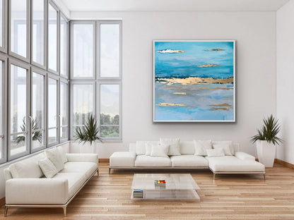 Abstract Sunset Painting on Painting Blue Gold Leaf Wall Art Turquoise Painting for Living Room