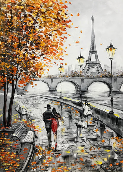 Autumn in Paris Painting on Canvas Romantic Couple Art Fall Oil Painting Eiffel Tower Wall Decor Paris Street Scene Oil Painting Romantic Painting