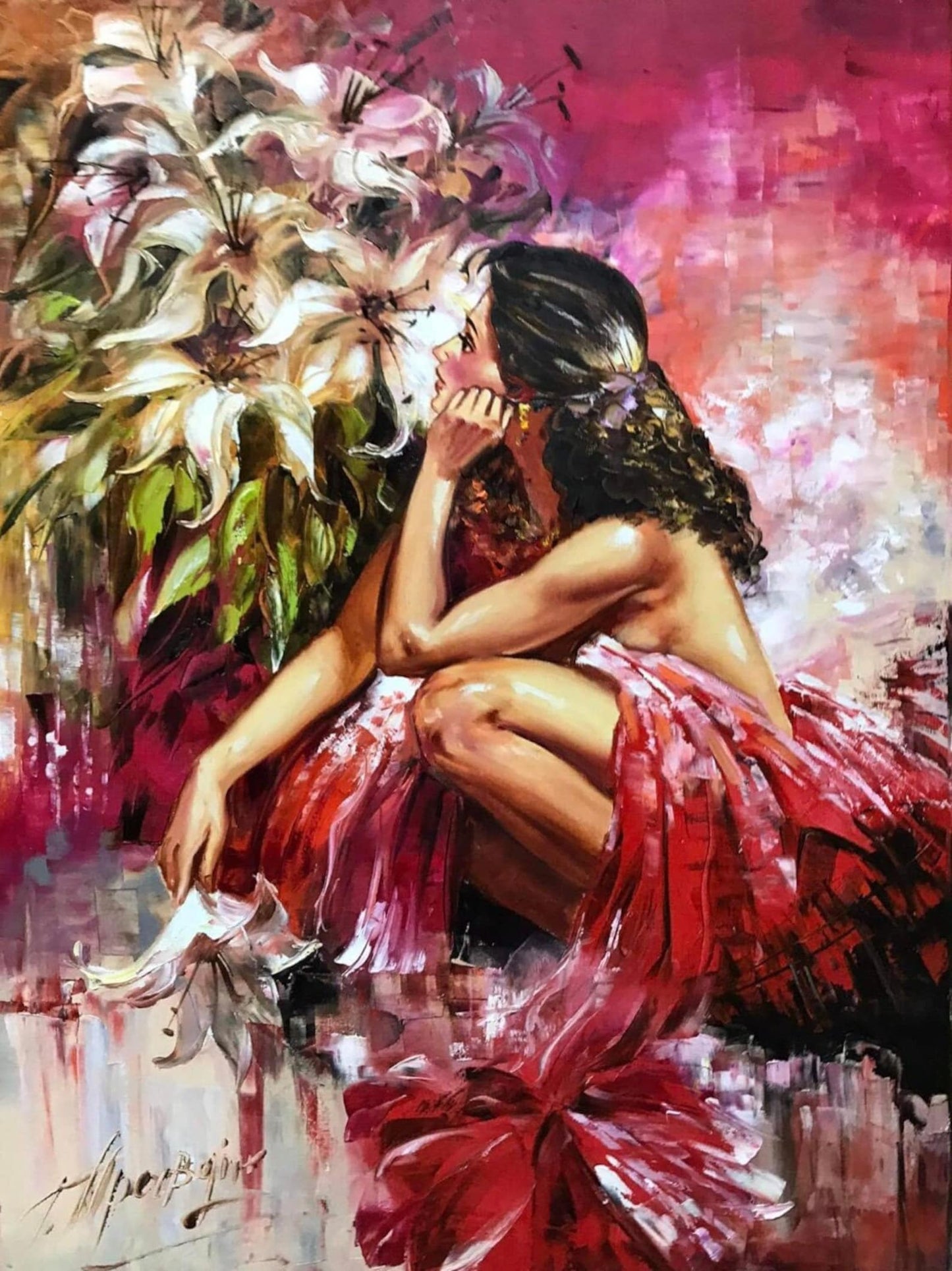 Beautiful Woman in Red Painting on Canvas Girl with Flowers Art Bridgerton Painting Original Woman Artwork