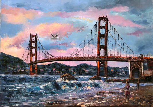 Original San Francisco Oil Painting, Large Golden Gate Bridge Wall Art Decor 36x24, Colorful California Landscape Painting on Canvas 40x30