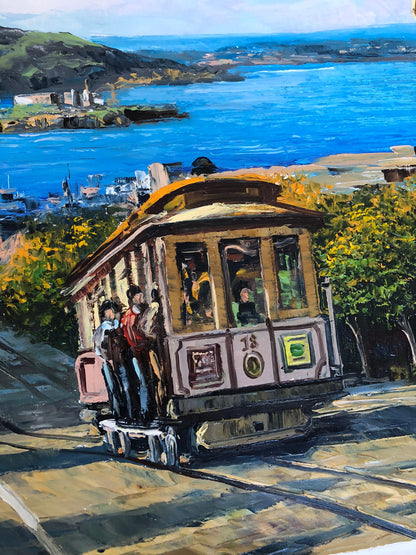 San Francisco Cable Car Oil Painting Original | Victorian House and Bay View Wall Art | California Cityscape Artwork