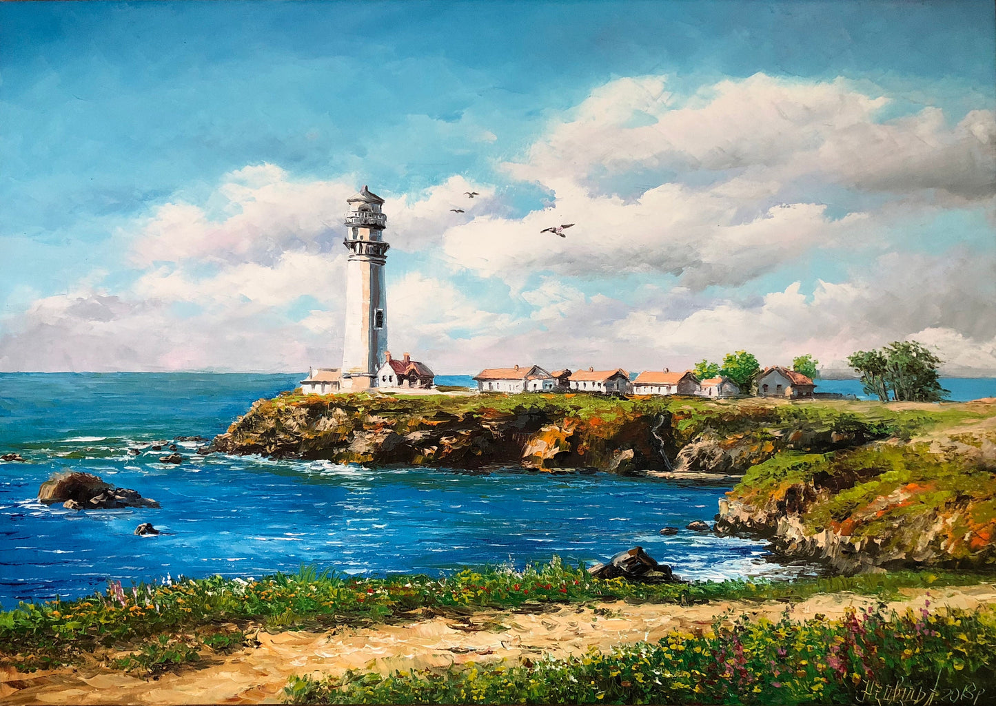 California Lighthouse Oil Painting Original California Landscape Wall Art California Coast Art Pigeon Point Lighthouse Canvas Painting