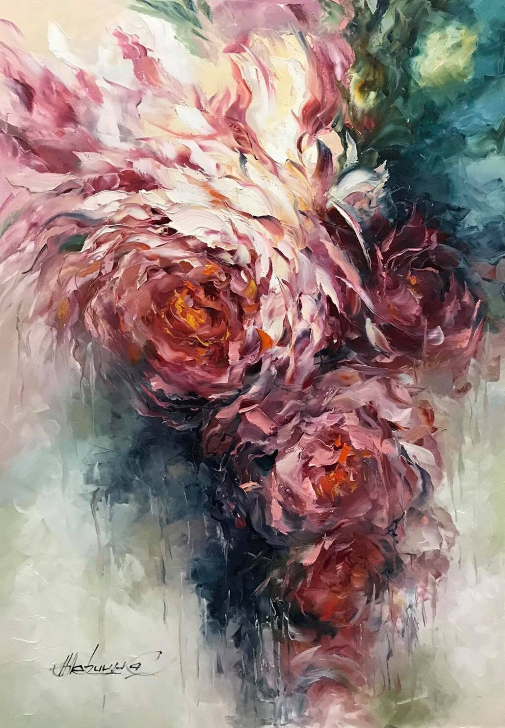 Abstract Flowers Original Painting Oversized Vertical Room Decor  Roses Oil Painting Extra Large Contemporary Floral Abstract Wall Art