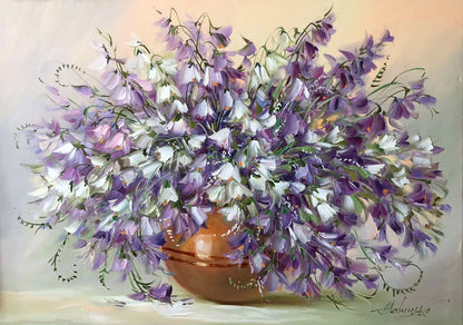 Bluebell Painting on Canvas Bell Flower Art Bluebell Oil Paintings Flowers in Vase Artwork Purple Flower Painting Bouquet of Flowers Art