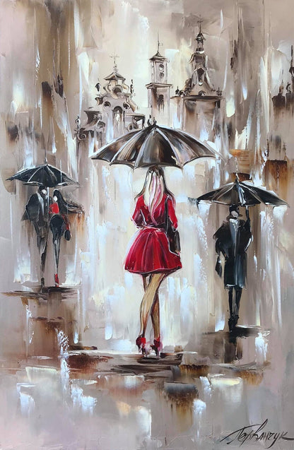 Large Abstract Rain Art Lady in Red Painting Umbrella Art Stylish Hair Salon Wall Decor Extra Large Wall Art Oversized Painting 40x60