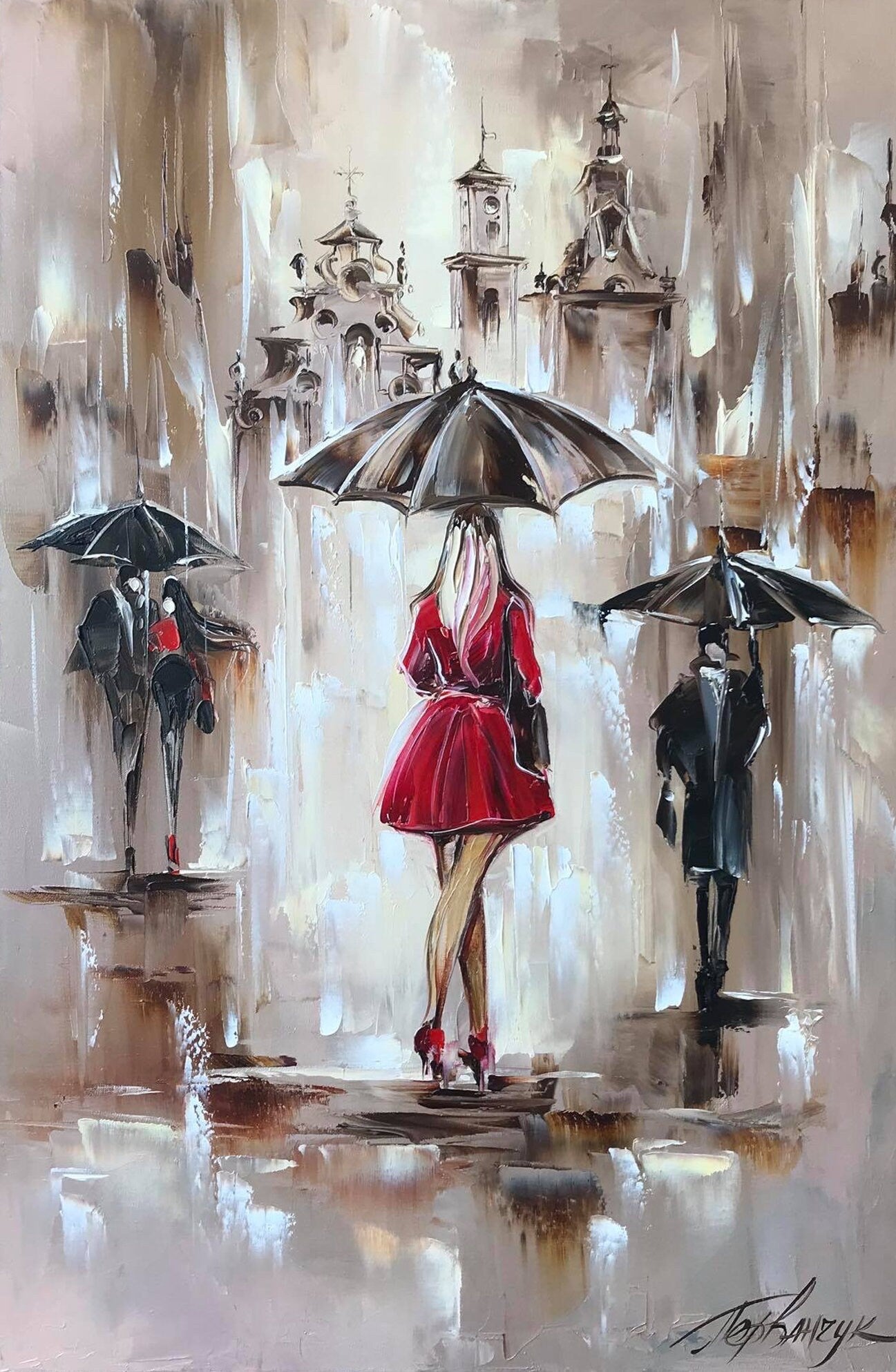 Rainy Street Scene Oil Painting Original, Elegant Lady in Red with Umbrella Artwork, Figures in the Rain Wall Art