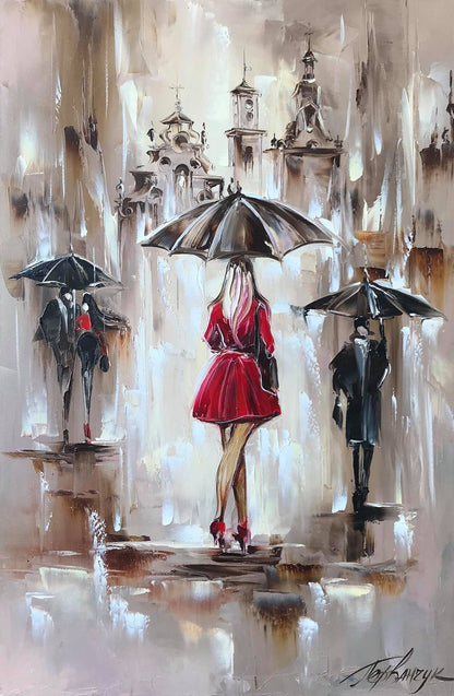 Rainy Street Scene Oil Painting Original, Elegant Lady in Red with Umbrella Artwork, Figures in the Rain Wall Art