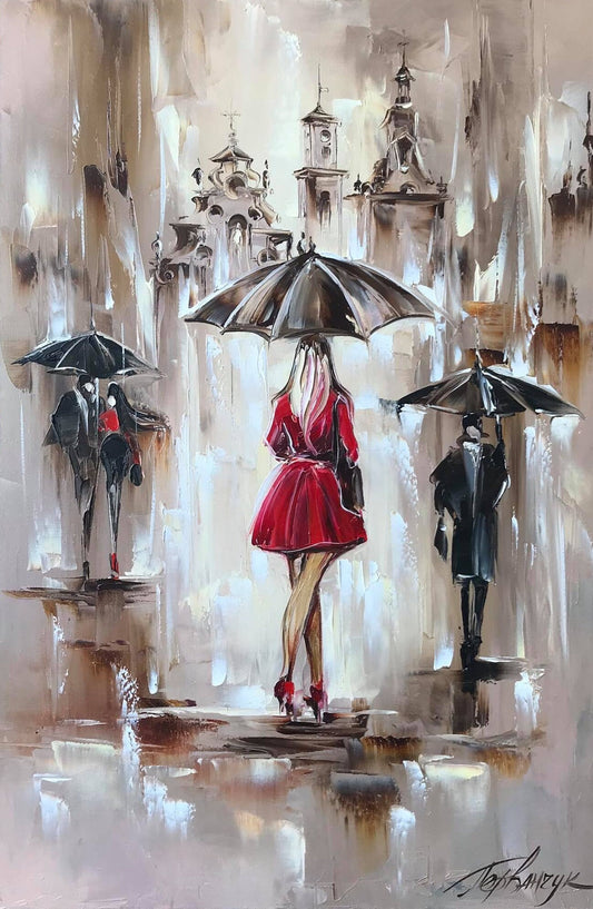 Rainy Street Scene Oil Painting Original, Elegant Lady in Red with Umbrella Artwork, Figures in the Rain Wall Art