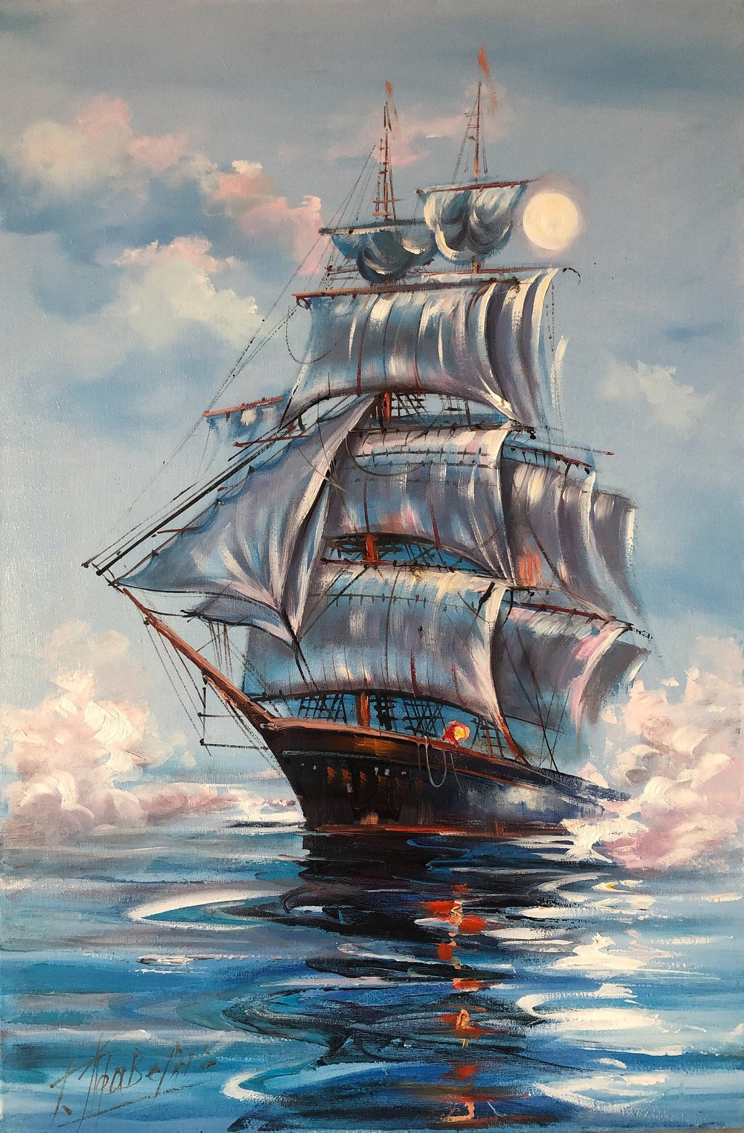 Navy Ship at Sea Painting on Canvas Large Sailing Wall Art Peace Oil Painting Seaside Decor Shore House Art Seascape Painting Original