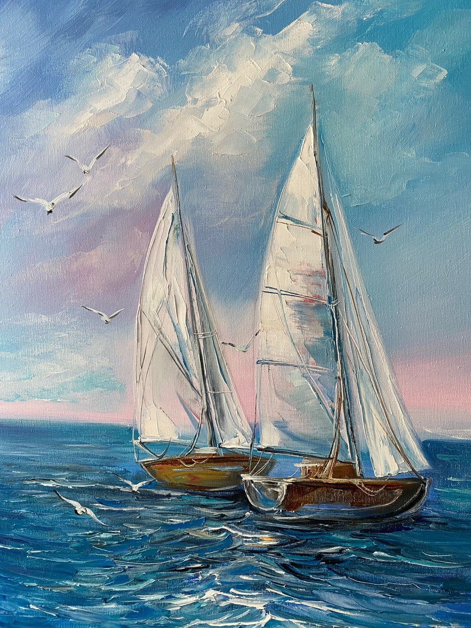 Original Sailboats Sea Oil Painting on Canvas, Blue Ocean Waves Wall Art, Large Boat Sunset Home Decor, Modern Nautical Oil Painting 30x40