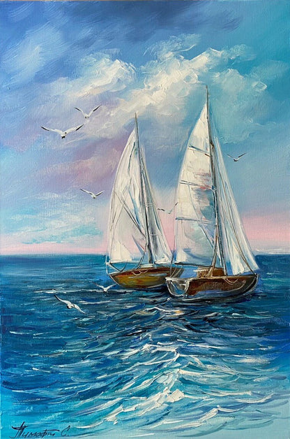 Original Sailboats Sea Oil Painting on Canvas, Blue Ocean Waves Wall Art, Large Boat Sunset Home Decor, Modern Nautical Oil Painting 30x40