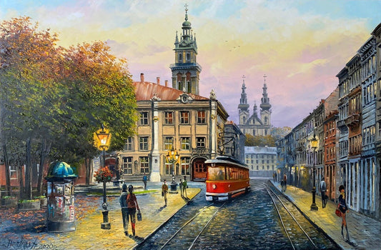 Colorful Cityscape Painting, Original City Oil Painting, European Painting, Sunset Wall Art, Lviv Painting, Colorful Evening Wall Art Decor