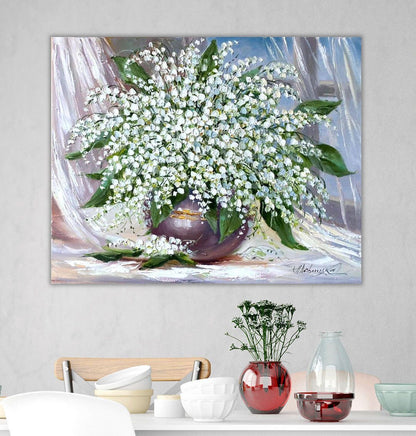 Lily Of The Valley Oil Painting Original Spring Flowers Art Green Botanical Wall Decor Bouquet in Vase Impasto Flowers Painting on Canvas