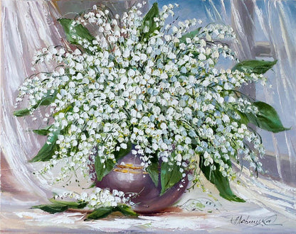 Lily Of The Valley Oil Painting Original Spring Flowers Art Green Botanical Wall Decor Bouquet in Vase Impasto Flowers Painting on Canvas