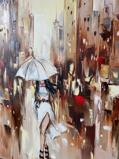 Large Woman in the Rain With Umbrella Painting on Canvas Abstract Rain Wall Art Modern Umbrella Home Decor Abstract Woman Painting 36x48