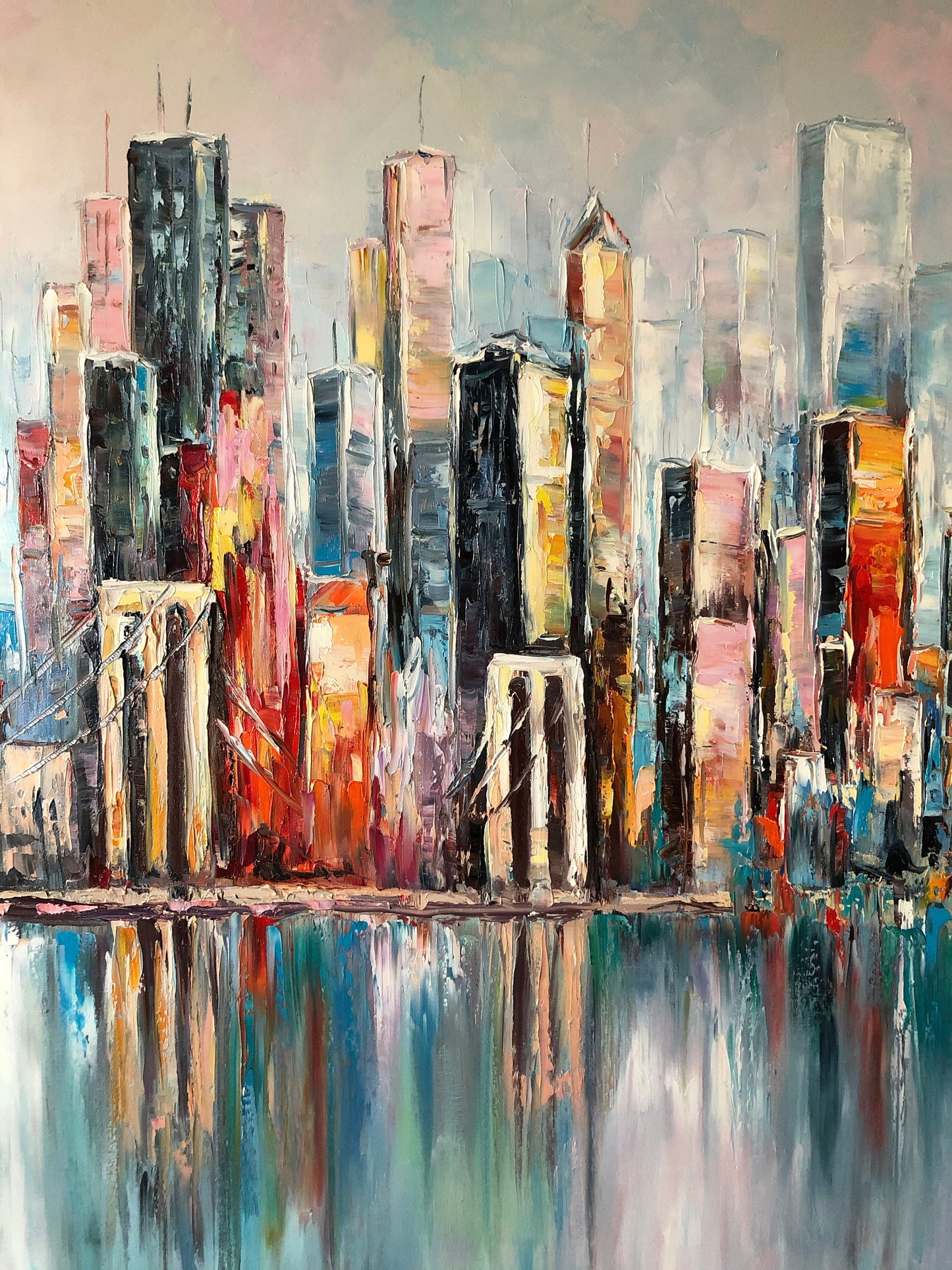 New York City Skyline Abstract Painting Large NYC Framed Wall Art | Manhattan Bridge Urban Landscapes Artwork | City Scapes Art