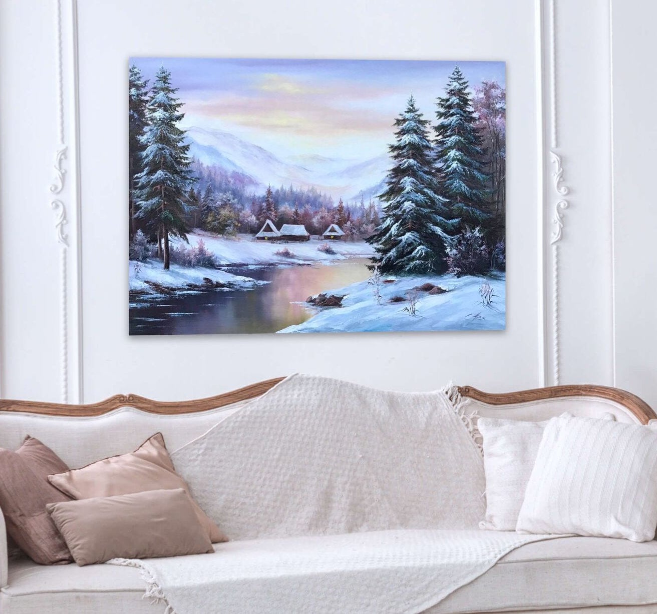 Winter Scene Original Painting, Forest River Oil Painting on Canvas, Large Mountains Pine Trees Wall Art, Snow Winter Landscape Painting