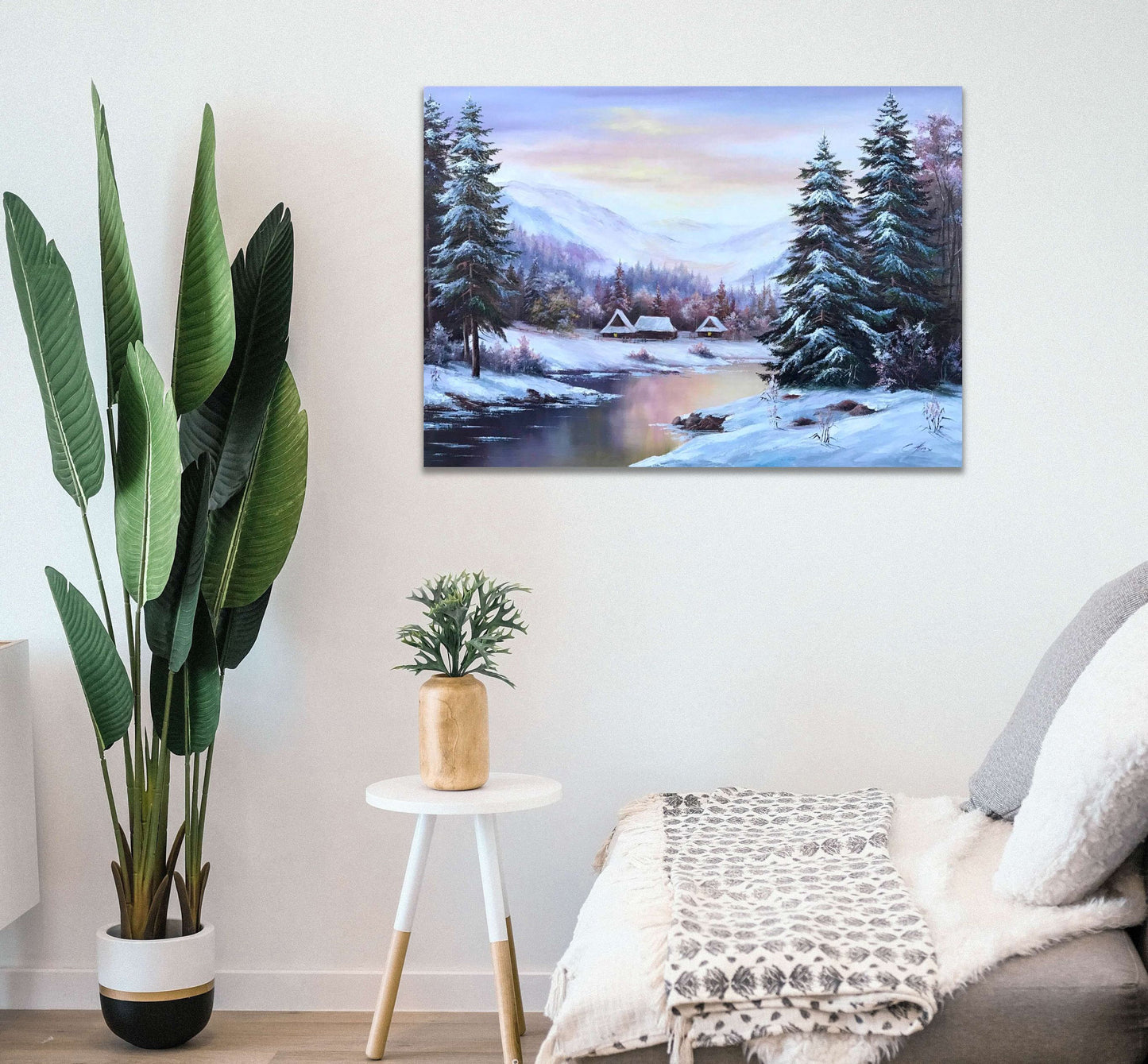 Winter Scene Original Painting, Forest River Oil Painting on Canvas, Large Mountains Pine Trees Wall Art, Snow Winter Landscape Painting