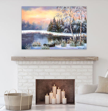 Stunning Winter Snow Sunset Painting, Original Pine Tree Wall Decor, Forest Painting on Canvas, River Wall Art, Winter Nature Oil Painting