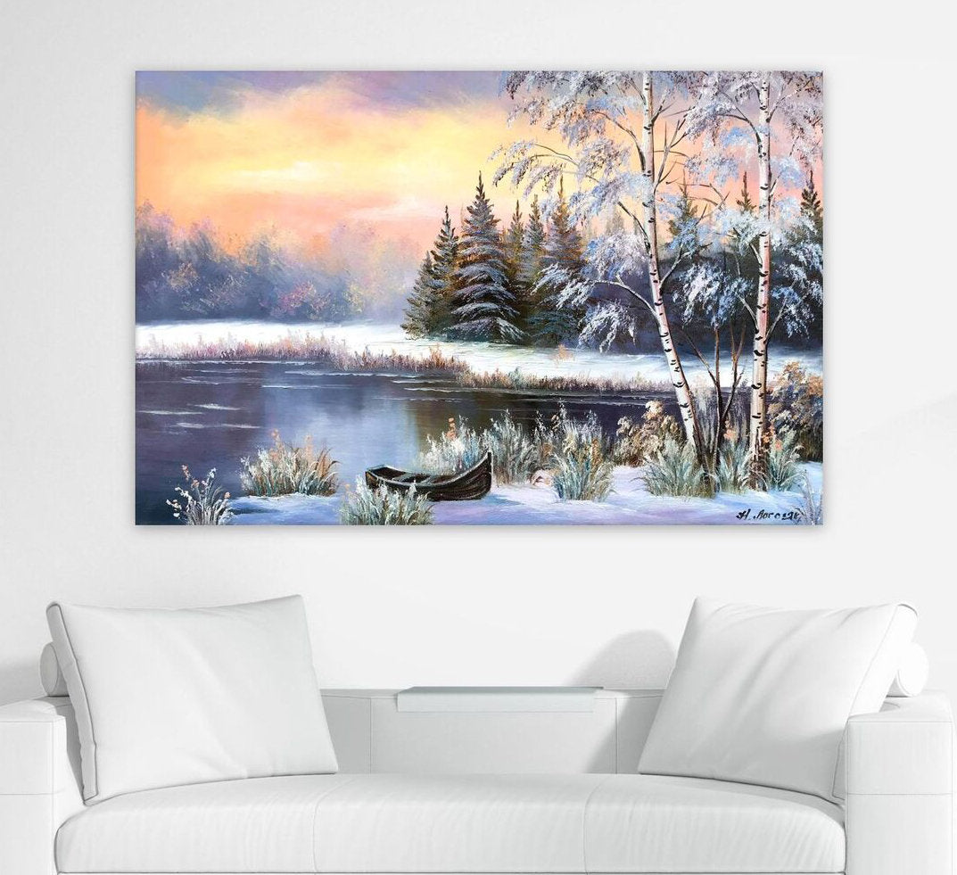 Stunning Winter Snow Sunset Painting, Original Pine Tree Wall Decor, Forest Painting on Canvas, River Wall Art, Winter Nature Oil Painting