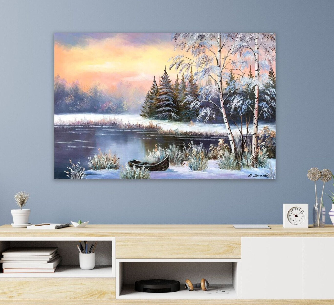 Stunning Winter Snow Sunset Painting, Original Pine Tree Wall Decor, Forest Painting on Canvas, River Wall Art, Winter Nature Oil Painting