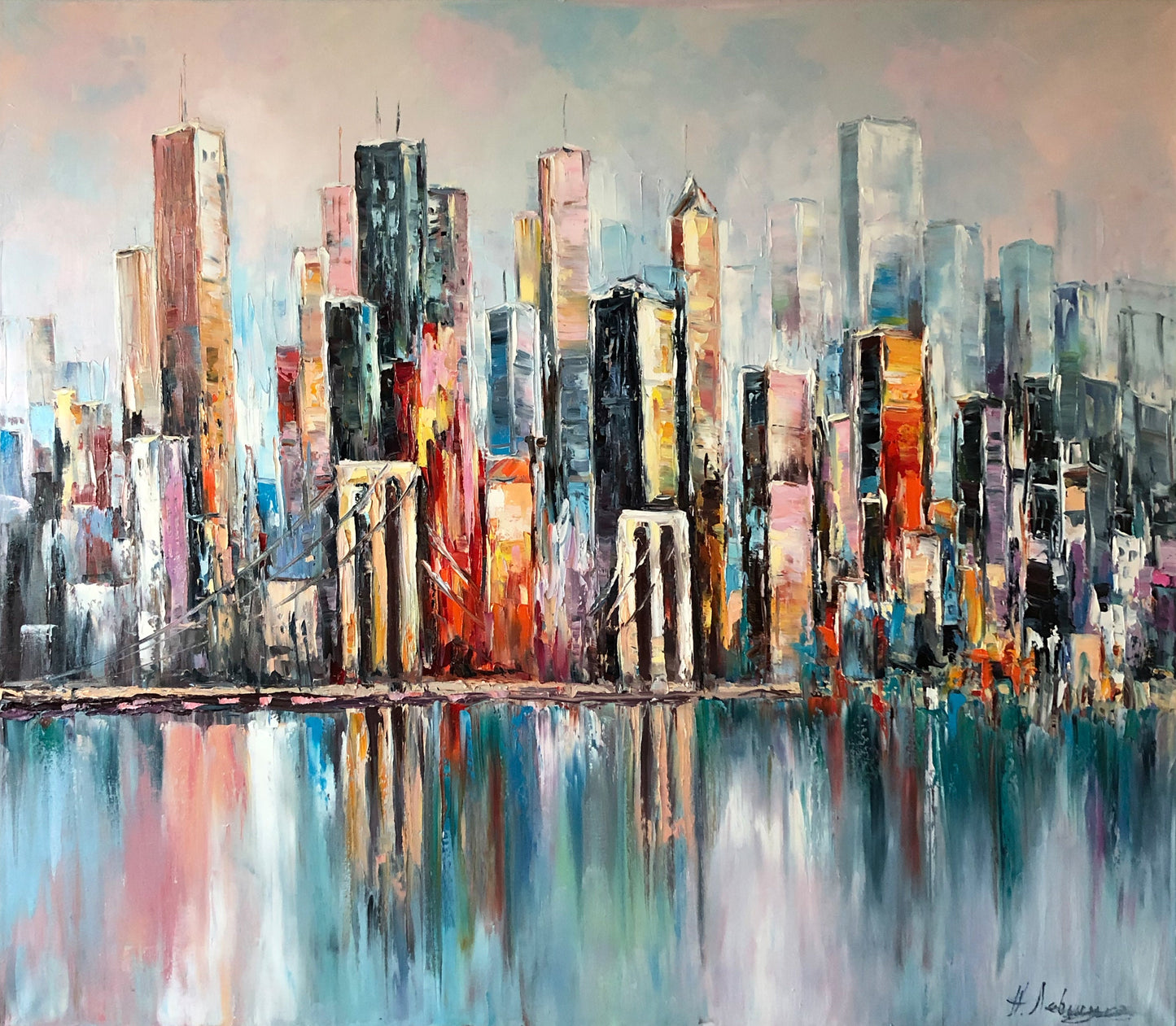 New York City Skyline Abstract Painting Large NYC Framed Wall Art | Manhattan Bridge Urban Landscapes Artwork | City Scapes Art