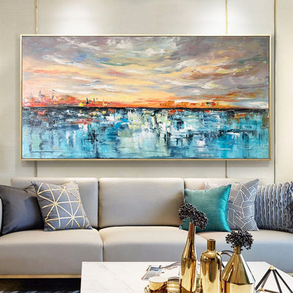 Large Abstract Oil Painting Original Ocean Sunset Wall Art Handmade Long Horizontal Oil Painting Sea Large Yellow and Blue Painting 40x80