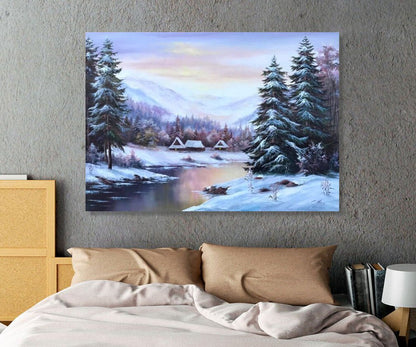 Winter Scene Original Painting, Forest River Oil Painting on Canvas, Large Mountains Pine Trees Wall Art, Snow Winter Landscape Painting