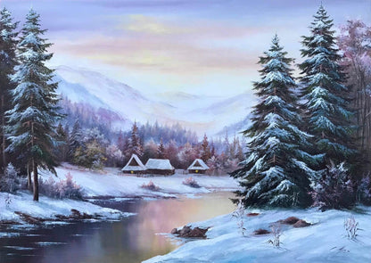 Winter Scene Original Painting, Forest River Oil Painting on Canvas, Large Mountains Pine Trees Wall Art, Snow Winter Landscape Painting