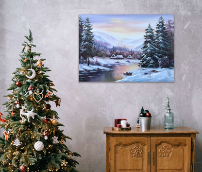 Winter Scene Original Painting, Forest River Oil Painting on Canvas, Large Mountains Pine Trees Wall Art, Snow Winter Landscape Painting