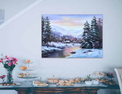 Winter Scene Original Painting, Forest River Oil Painting on Canvas, Large Mountains Pine Trees Wall Art, Snow Winter Landscape Painting