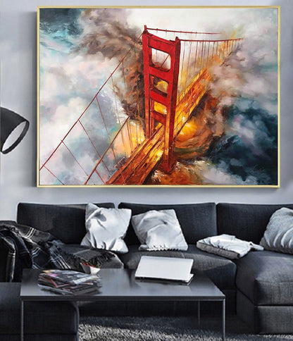 California Painting San Francisco Wall Art Golden Gate Bridge Oil Painting Karl the Fog Bay Area Painting 40x30 Blue Red SF Wall Art