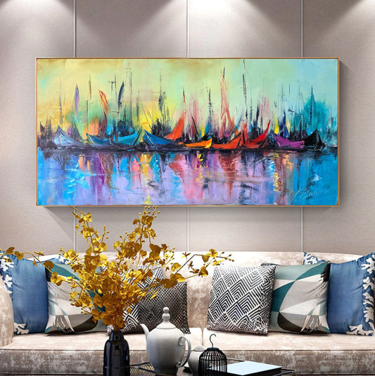 Extra Large Abstract Colorful Sailboats Painting Abstract Ocean Art Oversized Wall Art Long Horizontal Painting 60x30 Over Bed Wall Decor
