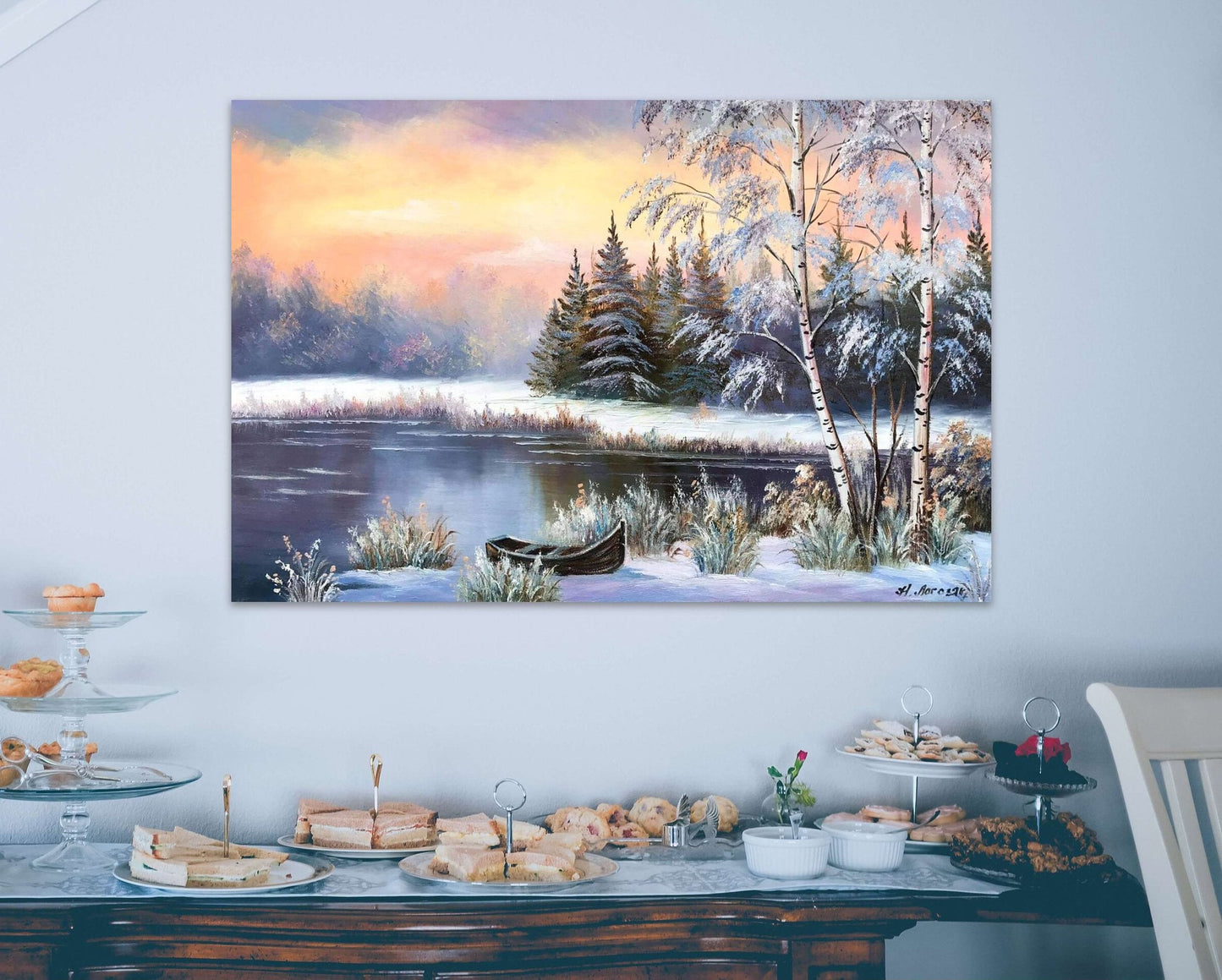 Stunning Winter Snow Sunset Painting, Original Pine Tree Wall Decor, Forest Painting on Canvas, River Wall Art, Winter Nature Oil Painting